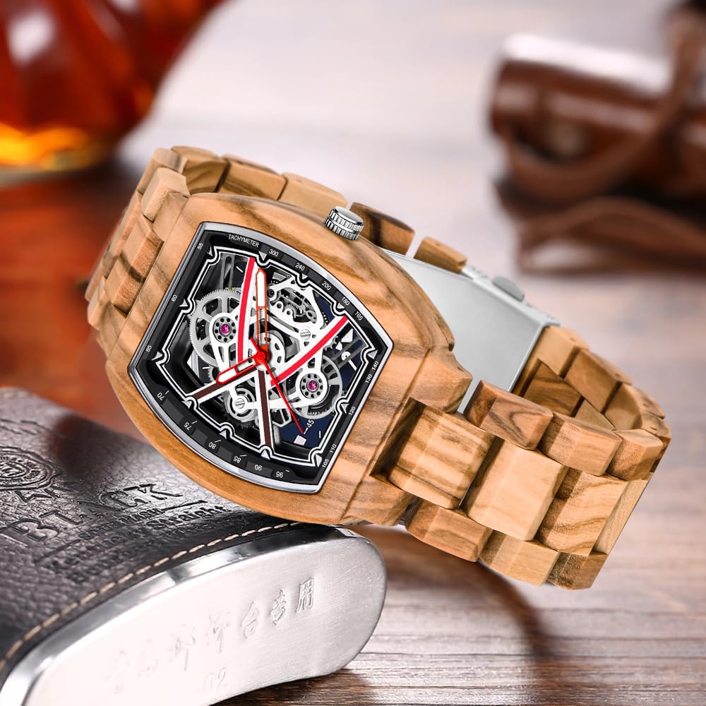 Dentily Elegant Mens 40mm Hollow Wooden Case Watch Quartz Analog Wood Watch for Dad,Husband and Boyfriend Dentily