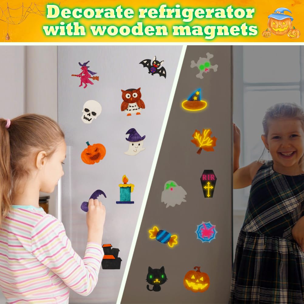 Worgree Halloween Crafts for Kids, 36 Pcs DIY Wooden Magnets Art Craft Supplies Painting Kit for Boys Girls Ages 4-8 8-12 Halloween Party Favors Gifts Basket Treat Goodie Bag Stuffers Classroom Prizes Worgree