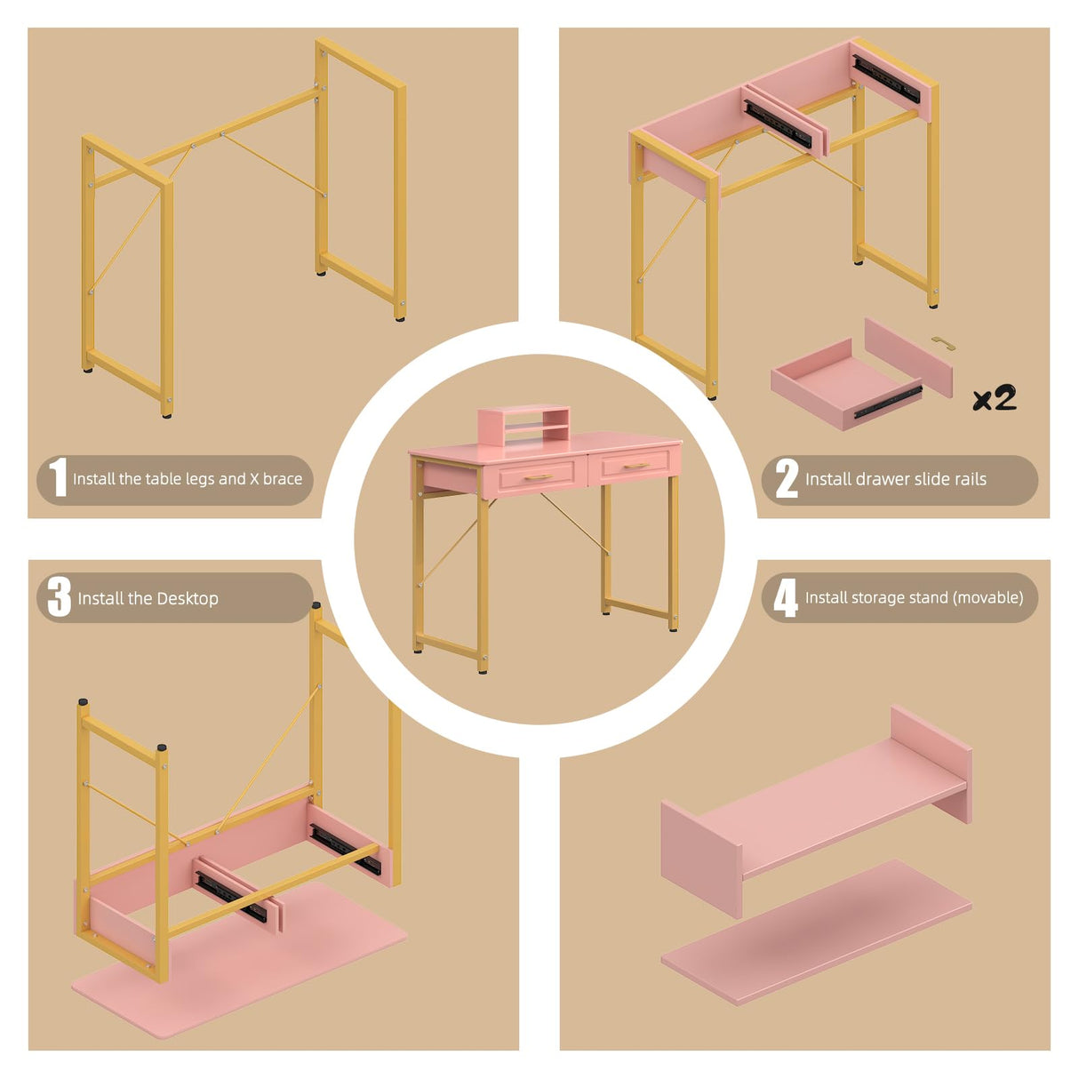WESTREE Modern Makeup Vanity Desk with Glossy Desktop,Bedroom Home Office Writing Desk with Drawers, Storage Shelf, Gold Metal Frame for Dressing Table Without Mirror WESTREE