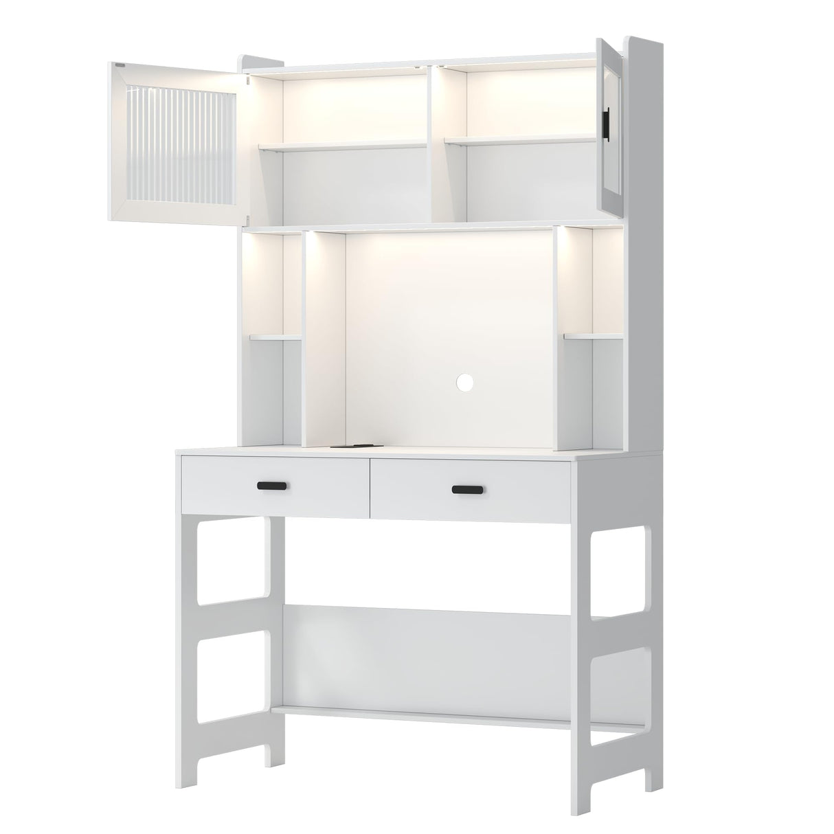 LVSOMT Home Office Desk with Hutch, Modern Computer Gaming Desk with LED Lights & Power Outlets, White Study Table with Storage Shelves, Teen Writing Desk for Bedroom, 40'' W LVSOMT