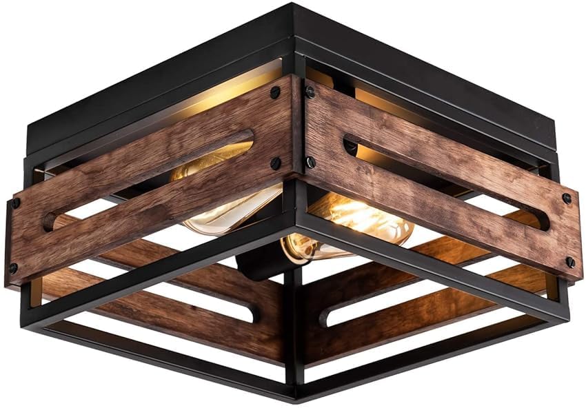 MAYNA 2-Light Farmhouse Flush Mount Ceiling Light, Rustic Ceiling Light, Metal and Wood Square Dining Room Light Fixture for Hallway Farmhouse Entryway Balcony Kitchen MAYNA