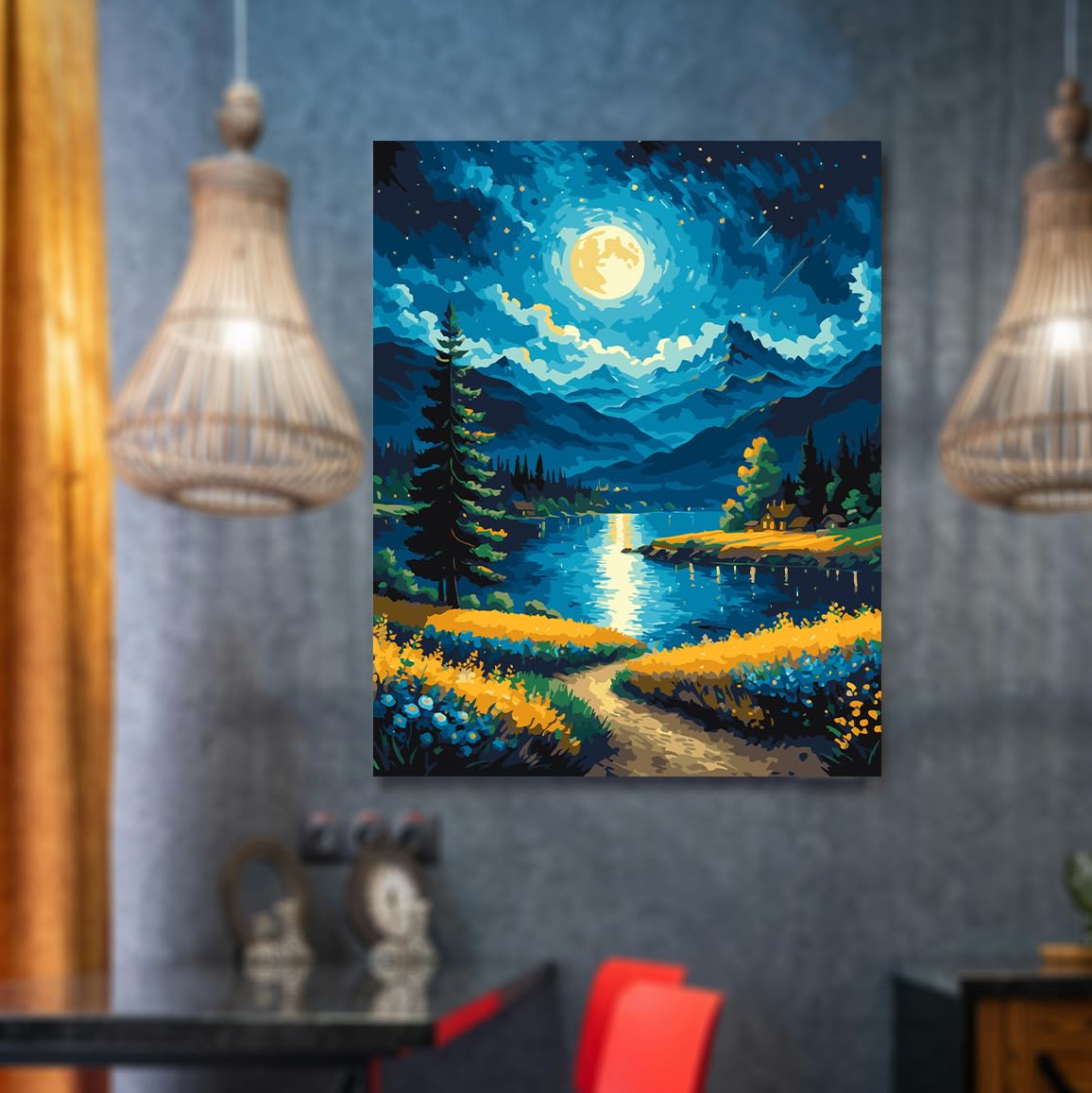 Moon Paint by Numbers Kit for Adults Beginner Forest Adult Paint by Number Kits On Canvas Adults Kits DIY Lake Flowers Oil Painting Kits for Gift Home Wall Decor 16x20 Inch Lovepefe