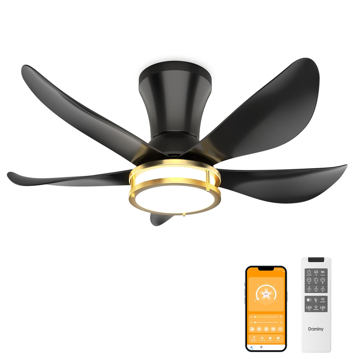 DAMINY 30 Inch Black and Gold 5 Blade Ceiling Fan with Light, Modern Ceiling Fan with Remote,Large Airflow,Flush Mount,6CCT,Dimmable,Noiseless,Bedroom Ceiling Fan DAMINY