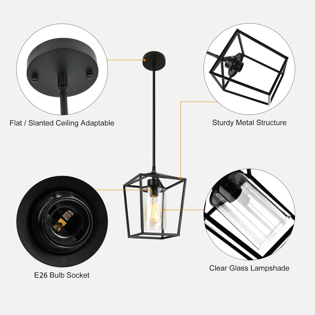 1-Light Black Pendant Light Fixture Farmhouse Iron Cage Metal Pendant Light Lantern Hanging Light Fixtures with Clear Glass Shade for Kitchen Island, Entryway, Dining Room, Hallway 5.9*5.9*8.27IN GZJunYo