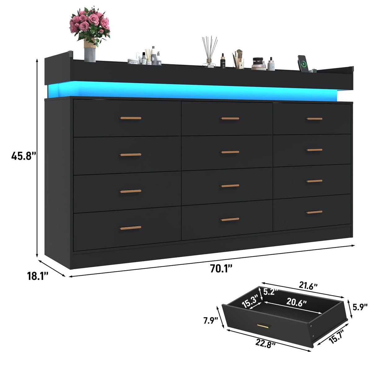 12 Drawer Dresser with LED Light and Charging Station, 70" Modern Chest of Drawers for Closet, Wide Drawer Organizer Cabinet for Bedroom, Living Room, Entryway, Hallway, Black Hlivelood