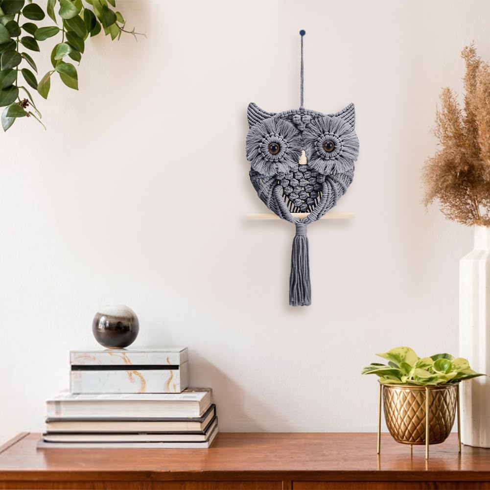 FREEBLOSS DIY Macrame Owl Kit Macrame Tapestry Wall Hanging 90m Cotton Cords Macrame Kit for Beginners with Video Tutorial Macrame Wall Art for Bedroom Decor, Gray FREEBLOSS