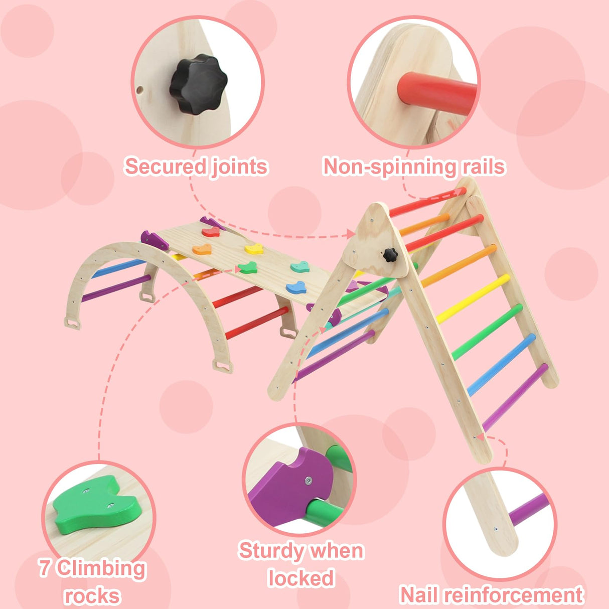 EDOSTORY 5 in 1 Pikler Triangle Set, Indoor Playground and Gym for Kids, Foldable Wooden Montessori Climbing Set Triangle Ladder Set with Slide and Climbing Ramp, Gift for Boys Girls(Rainbow) EDOSTORY