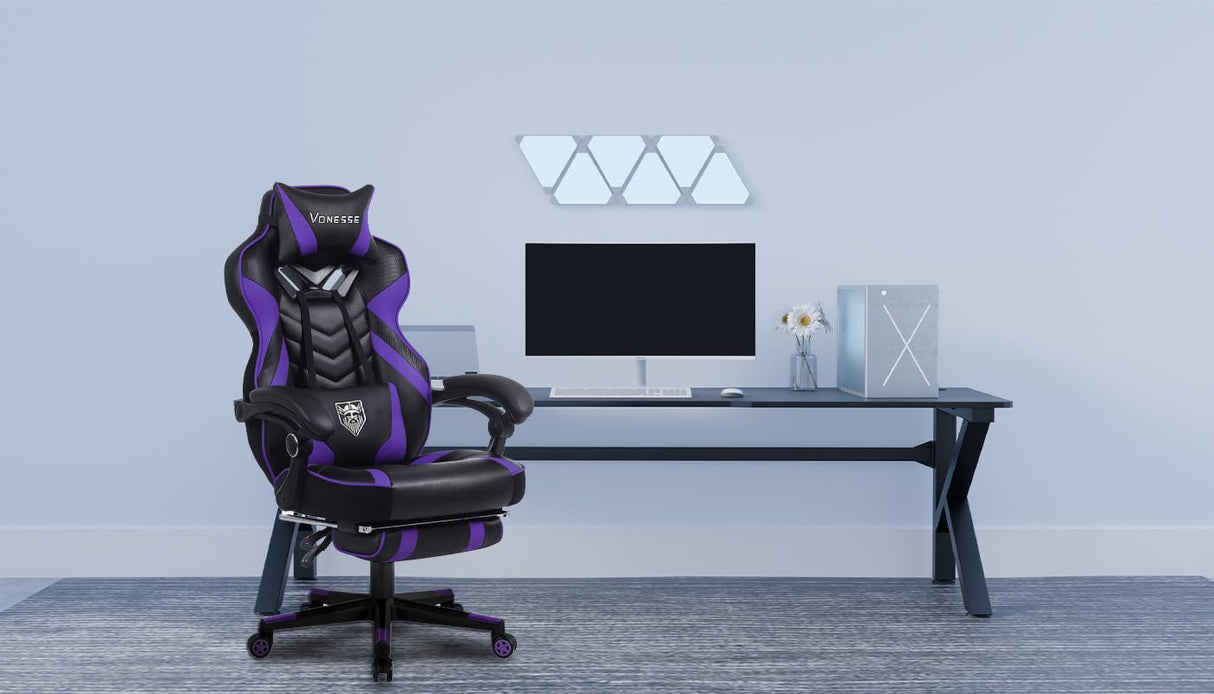 Vonesse Gaming Chair for Adults,Computer Chair with High Back,Big and Tall Gaming Chairs with Footrest and Massage,Reclining Gamer Chair(Purple/Black) Vonesse