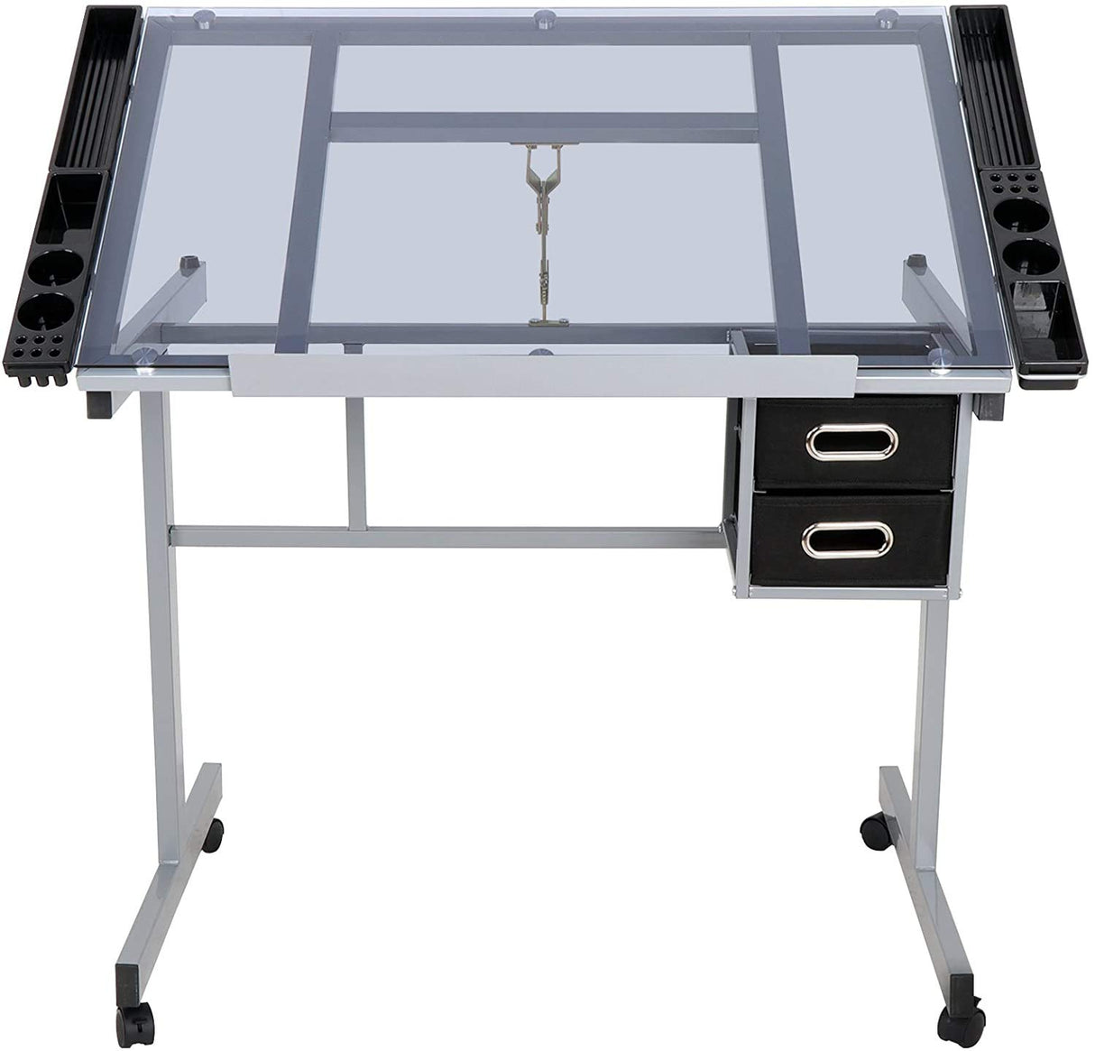 Epetlover Adjustable Drafting Table Drawing Desk Folding Tempered Glass Top Art Craft Work Station w/2 Slide Storage Drawers and Wheels Epetlover