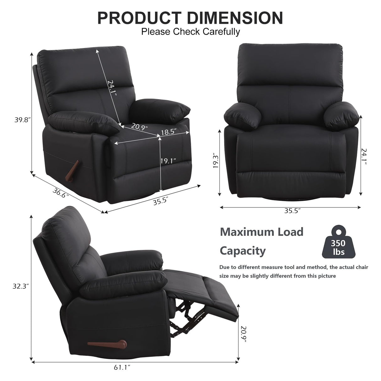 poplarbox Manual Recliner Chair with Lever Handle, 360° Swivel Elderly Rocker Recliner Chairs, Single Seat upholstered Recliner Sofa Chair for Living Room, Apartment (Black) poplarbox