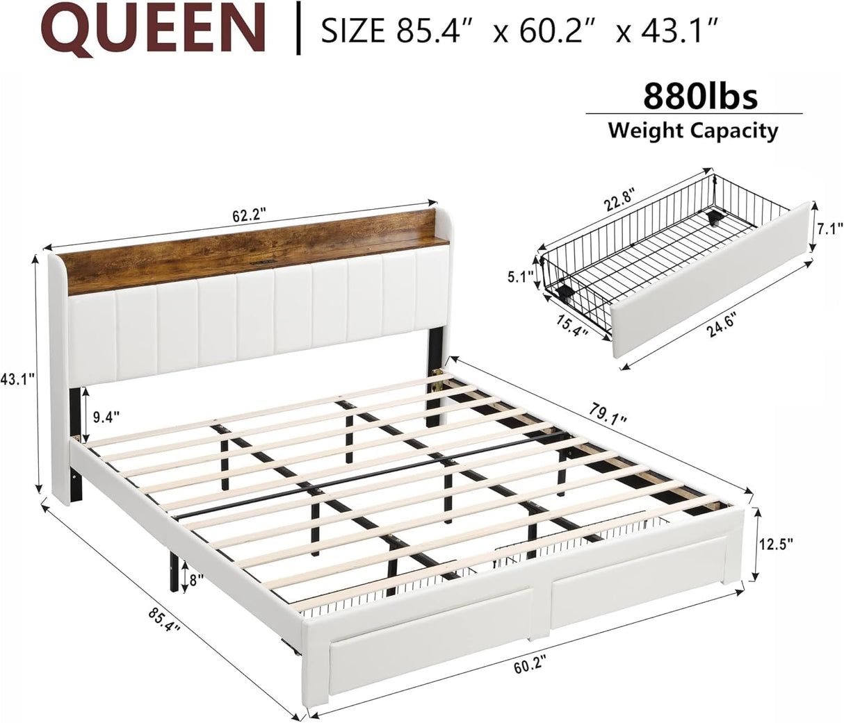 XKLOGER Queen Bed Frame with Headboard & Charging Station, Upholstered Platform Bed Frame with 2 Storage Drawers, Sturdy Wooden Slats Support/No Box Spring Needed/Noise Free/Easy Assembly/White XKLOGER
