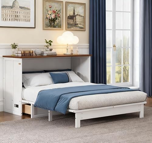 Bellemave Full Murphy Bed with Storage Drawer and Charging Station, Cabinet Bed, Farmhouse Murphy Cabinet with Foldable Panel, Noisy Free, for Guest Bedroom, Living Room, Walnut+Walnut Bellemave
