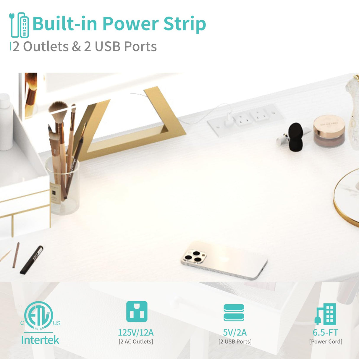 Lufeiya Small Makeup Vanity Desk with Fabric Drawers, 32 inch White Vanity Desks with Mirror and Light, Dressing Table and Chair Set with Power Outlet for Girls Bedroom, White Gold Lufeiya