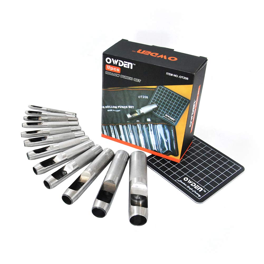 OWDEN 12Piece Leather Hole Punch Set with a Free Cutting mat,Leather Tool,Leather Hollow Punch Set, Round Hole Punch Set,Cut Leather Rubber Paper Soft Material OWDEN