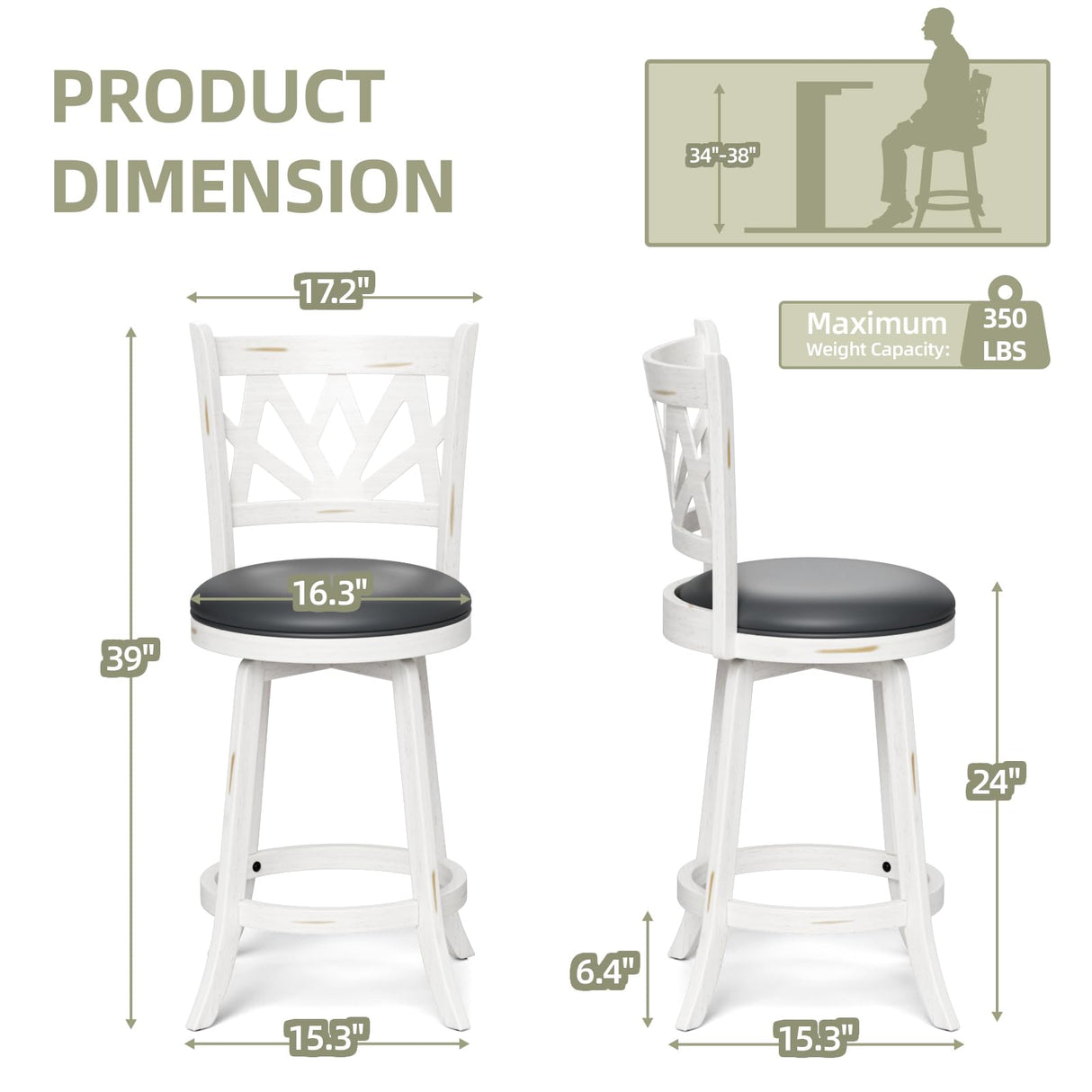 Buytime Swivel Barstools Set of 4, Farmhouse 24" Counter Height Bar Stools with Backs, Lotus Pattern Carved Bar Chair with Solid Wood Legs & Footrest for Kitchen Island, Home Bar, Pub. Antique White Buytime