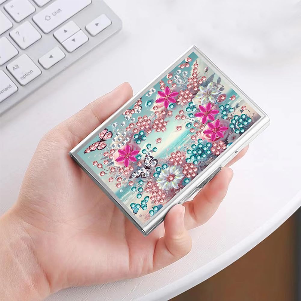 Stainless Steel Diamond Art Card Holder for Adults, Heart Flower Design 9.5x6.5cm Anti-demagnetization Credit Card Wallet with Zipper WoodArtSupply