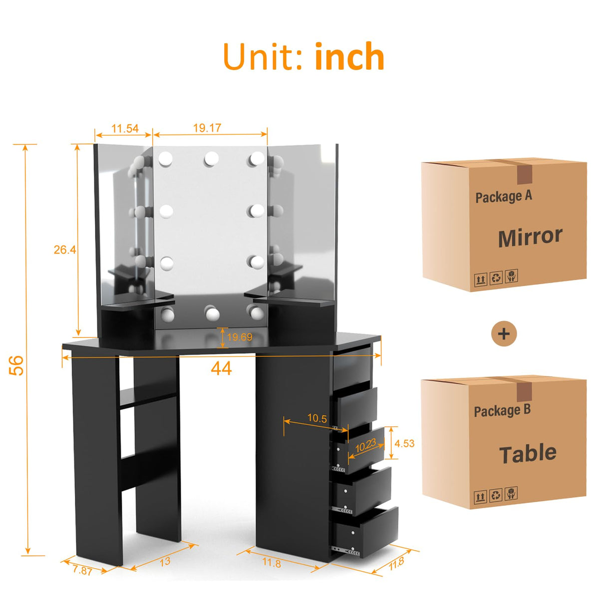 Corner Makeup Vanity Desk with Lighted Mirror - Bedroom Vanity Table Mirror with 5 Drawer and Storage Shelf, 3 Lighting Modes Adjustable, Makeup Table for Women Girls Black 44" Soldow