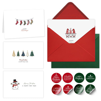 Paper Play Merry Christmas Cards with Envelopes, Set of 20 Adorable Cards Bulk Pack - 4x6 Inch with Matching Stickers, Smudge-resistant Heavy Duty Cardstock