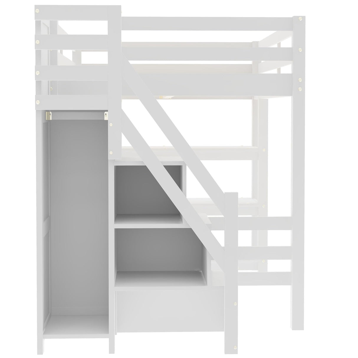 Bellemave Full Loft Bed with Stairs and Shelves, Wood Loft Bed with Bookcase and 3-Tier Shelves, Wardrobe, LED for Kids, Teens, Adults, White Bellemave