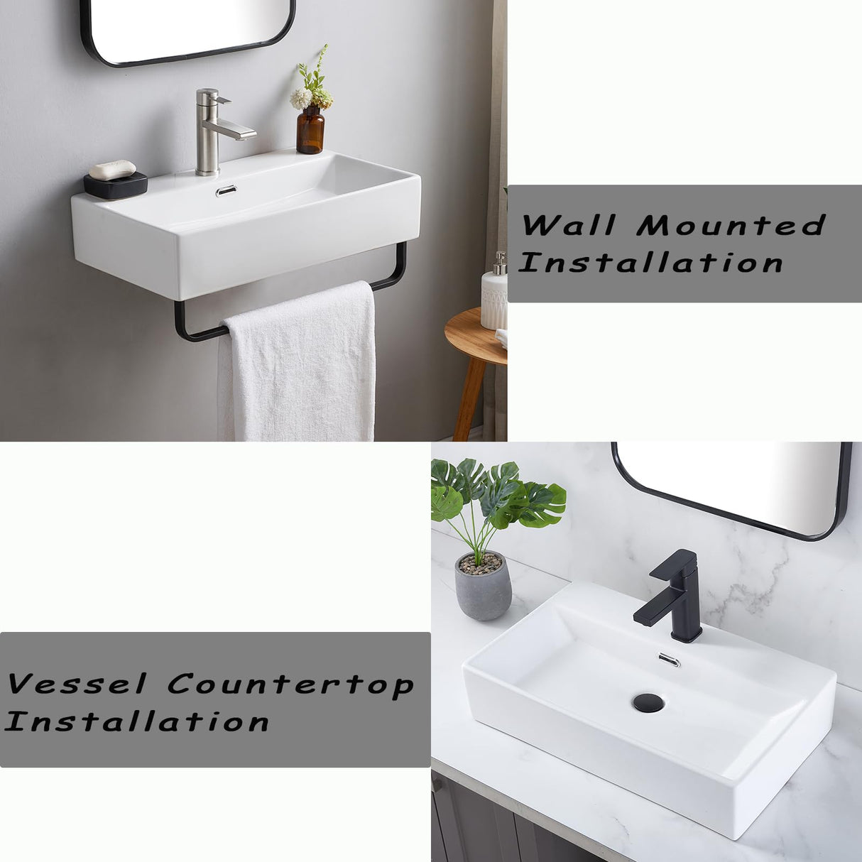 VCCUCINE 24"x14"Wall Mounted Bathroom Vessel Sink with Towel Rack,Wall Hung Porcelain Ceramic Sink,White Floating Rectangular Lavatory Vanity Small Bathroom Sink With Single Faucet Hole and Overflow VC CUCINE