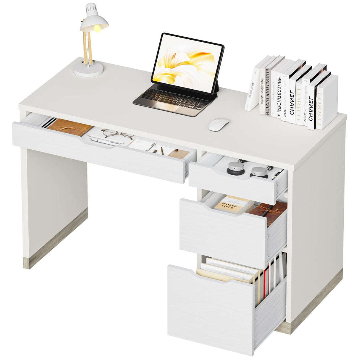 MaverickFurni White Desk with 4 Drawers, Small Desk with Storage, White Computer Desk with Filing Cabinet, Small Desks for Kids, Home Office Desk with Drawers, Bedroom, Small Space MaverickFurni