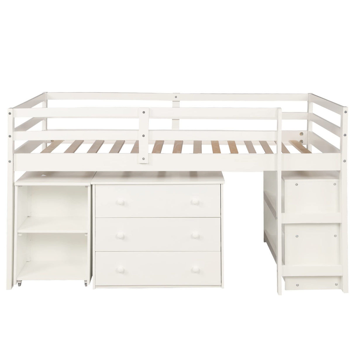 Twin Loft Bed with Desk Low Study Kids Twin Loft Bed with Storage Drawers, Low Loft Bed Twin for Kids Twin Loft Bed with Safety Guard Rails and Bookcase Shelf (White, Twin Loft with Desk) Harper & Bright Designs