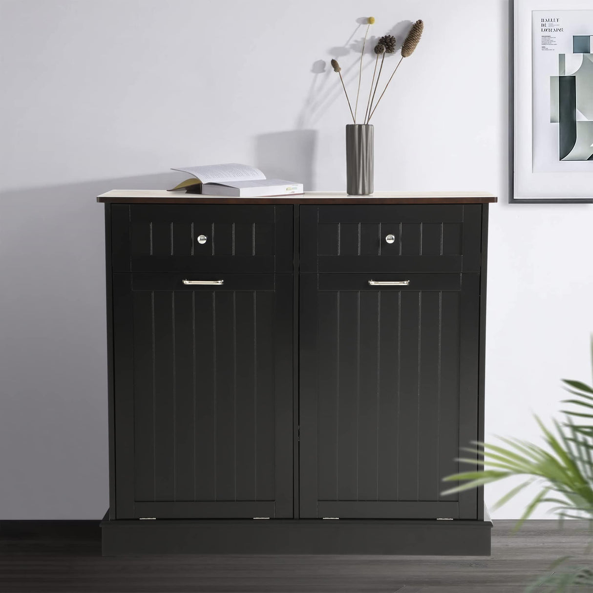 LOUVIXA Tilt Out Trash Can Cabinet Dog Proof with Double Wood Hidden Trash Can Holder, Kitchen Free Standing Recycling Cabinet(Black) LOUVIXA