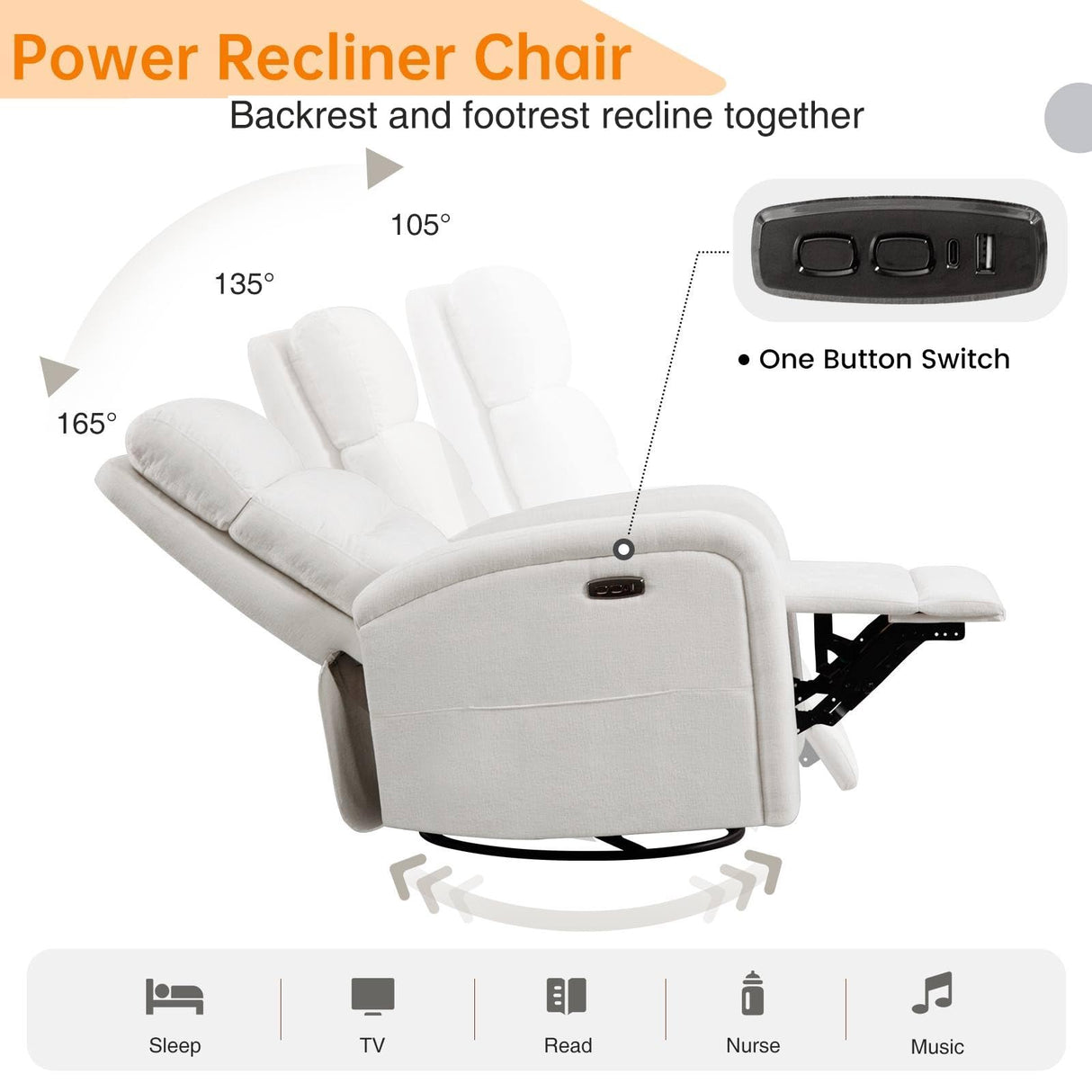 BaseBeauty Power Glider Recliner Nursery Rocking Chairs with USB, Electric Swivel Rocker Glider Chair for Living Room, Upholstered Recliner Chairs for Bedroom, Bedroom, Chenille White BaseBeauty