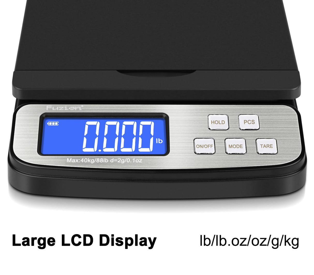 Fuzion Shipping Scale - Digital Postal Scale 88lb x 0.1oz, 5 Units, Hold/Tare/PCS Counting, Easy Calibration, Large LCD, All-in-1 Scale for Packages Fuzion