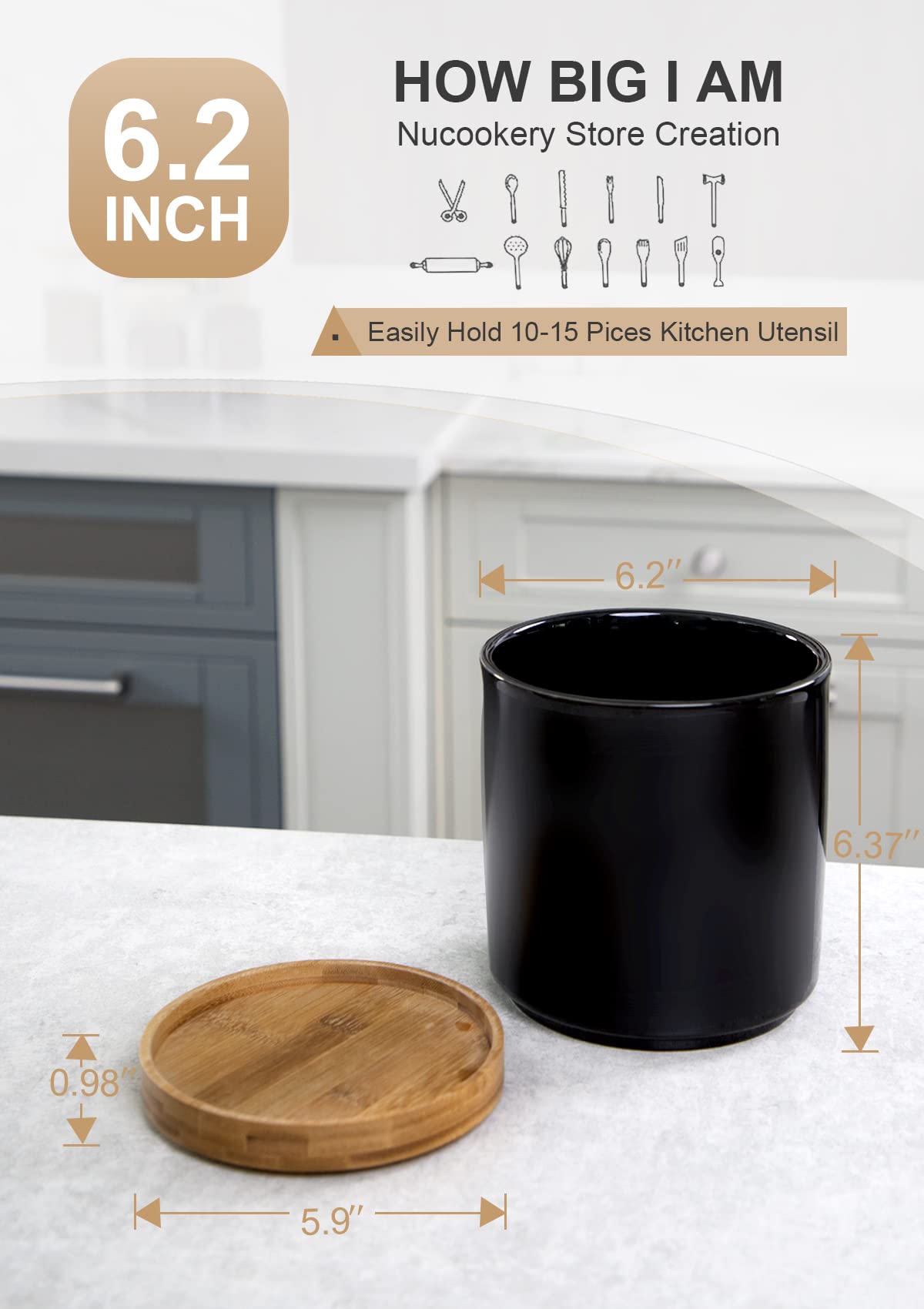 Nucookery 360° Rotating Utensil Holder, 7.2" Large Utensil Crock, White Ceramic Cooking Utensil Organizer with Countertop-Protection Cork Bottom for Farmhouse Kitchen Decor Gift (Black) Nucookery