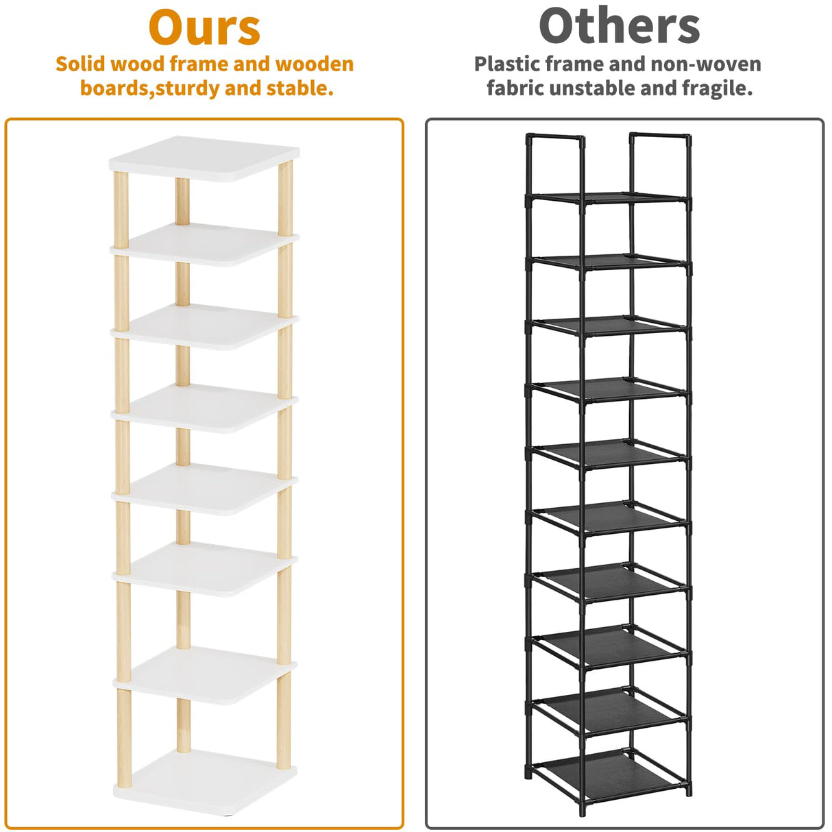 LUCKNOCK Vertical Shoe Rack, 8-Tier Tall Narrow Shoe Organizer for Entryway, Closet, Dorm & Small Spaces, Freestanding White Wooden Shoe Shelf Tower for Boots, Sneakers, Heels. LUCKNOCK