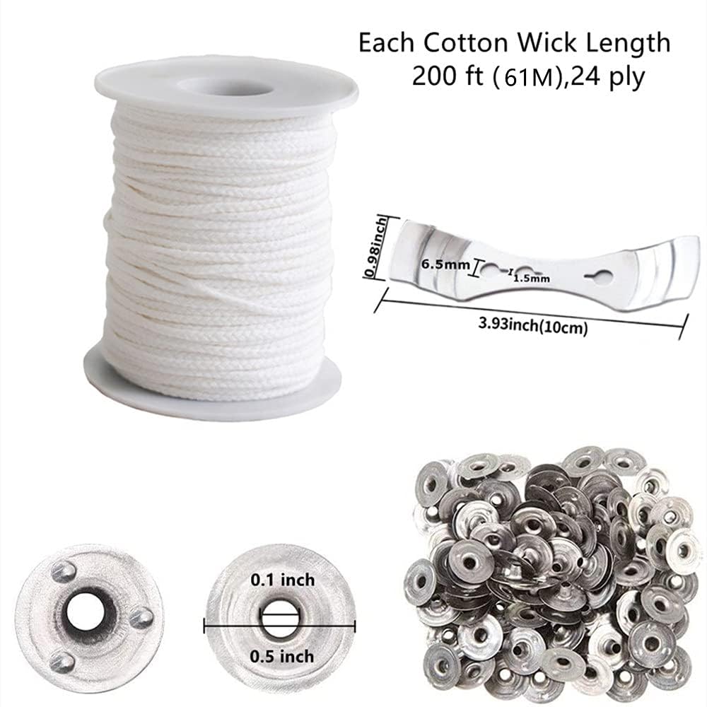 400 ft Cotton Candle Wick,24 PLY Braided Cotton Candle Making Wicks Spool + 200 Pieces Metal Sustainer Tabs + 1 Piece Centering Device Holder Set for DIY Crafts happytakehome