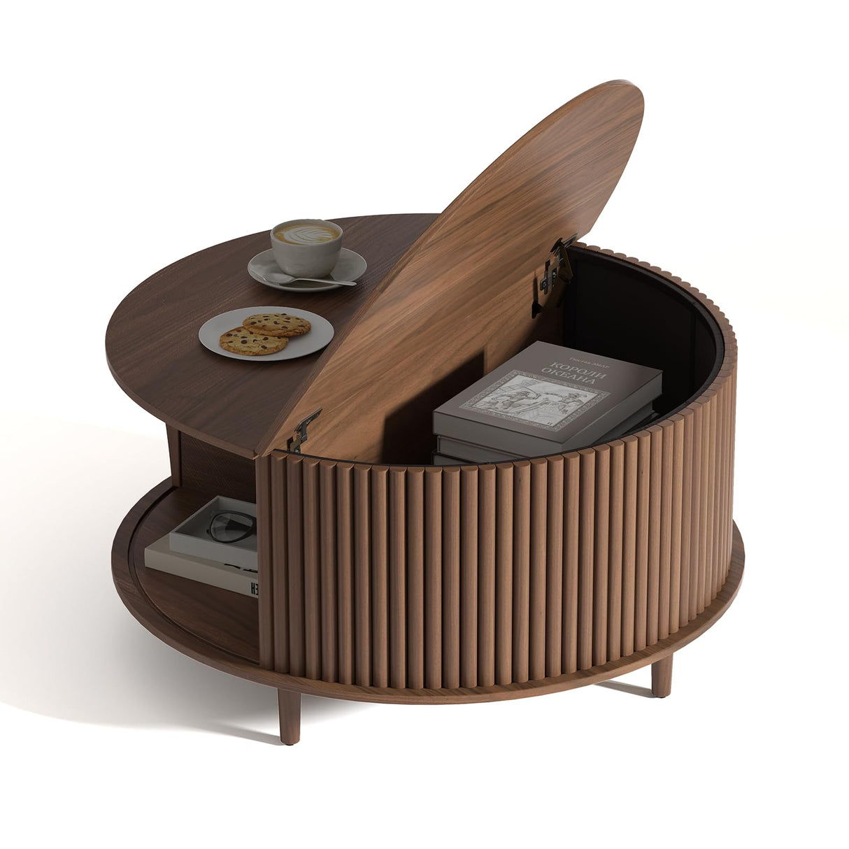 JOINICE,Round Coffee Table with Storage,Mid Century Modern Coffee Table with Sliding Cabinet Door,Coffee Table for Living Room,31.5" Small Center Table (Walnut) JOINICE