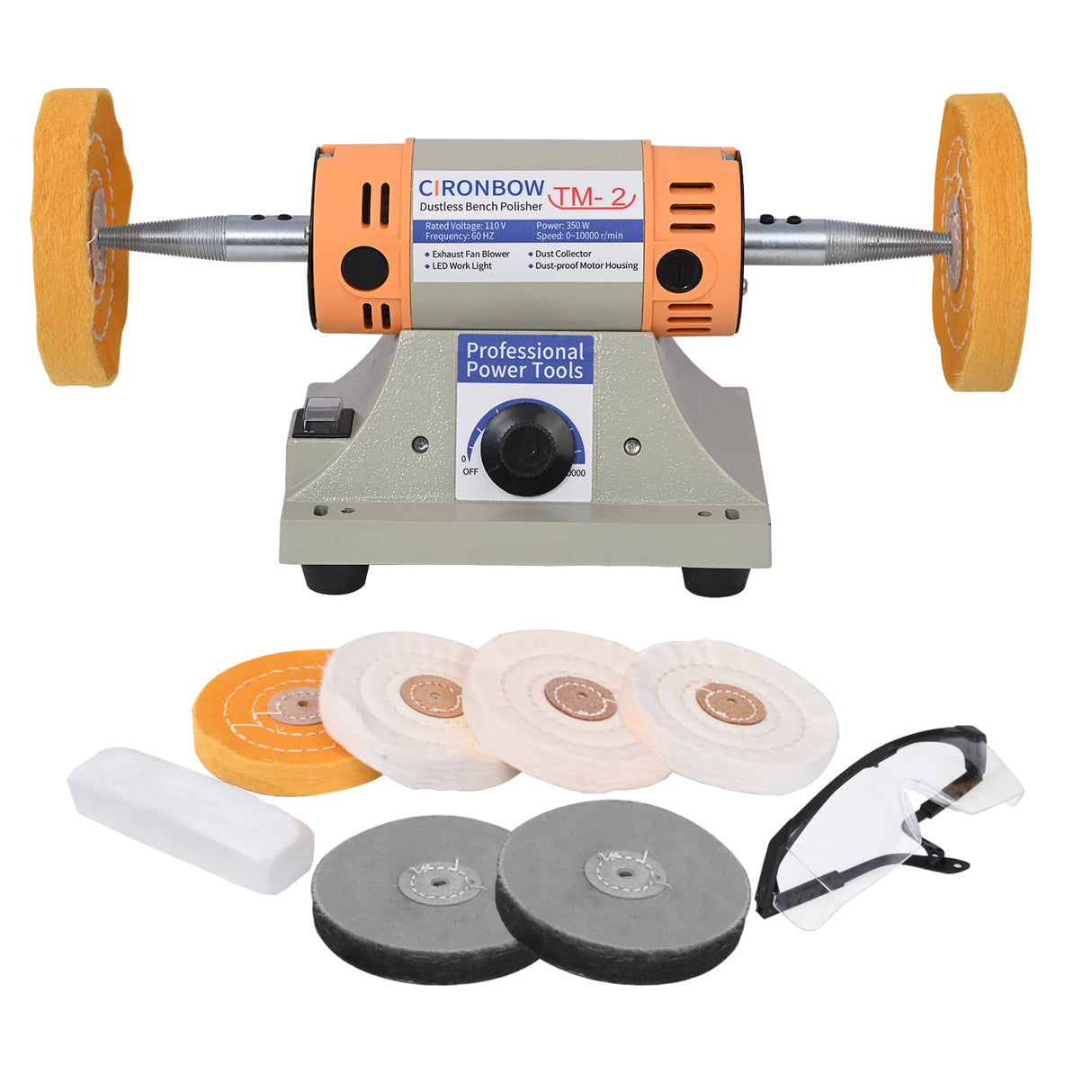 4" Jewelry Polisher & Adjustable Variable Speed Grinder Machine - With 6 Cloth Wheels & 2 Abrasive Wheels, Safety Glasses & Compound for Jewelry, Metal, Wood, Jade, Plastic Polishing & Dental Work CIRONBOW