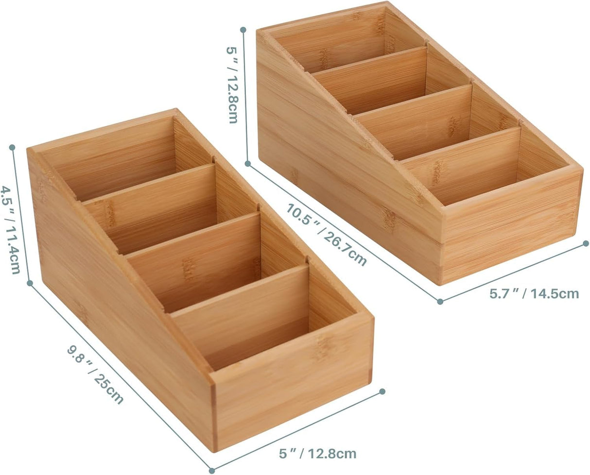 HTB 4-Section Snack Organizer with Removable Dividers for Kitchen, Cabinet, Office, Countertop, 2 Pack Bamboo Pantry Storage Organization for Spice Packets, Seasoning Pouches, Coffee Pods HTB