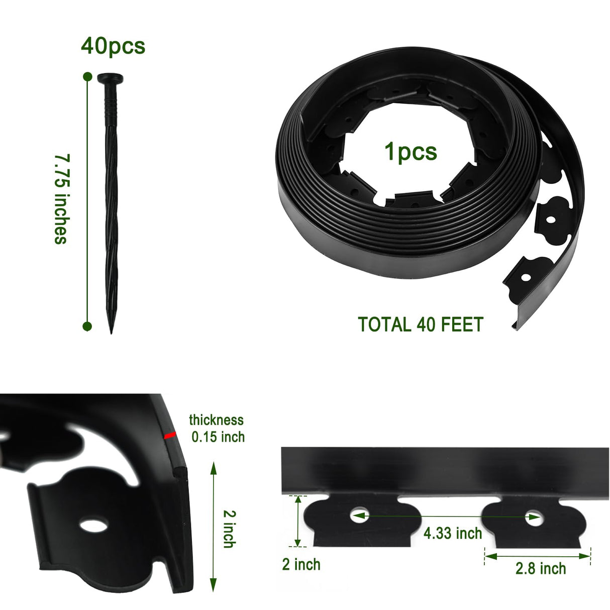 Hugeleaf Landscape Edging 2 Inch Tall, 40 Feet Garden Edging Border with 40 Pcs Stakes, No Dig Landscape Edging Plastic Paver Edging for Landscaping, Lawn, Flower Beds(Black) H HUGELEAF