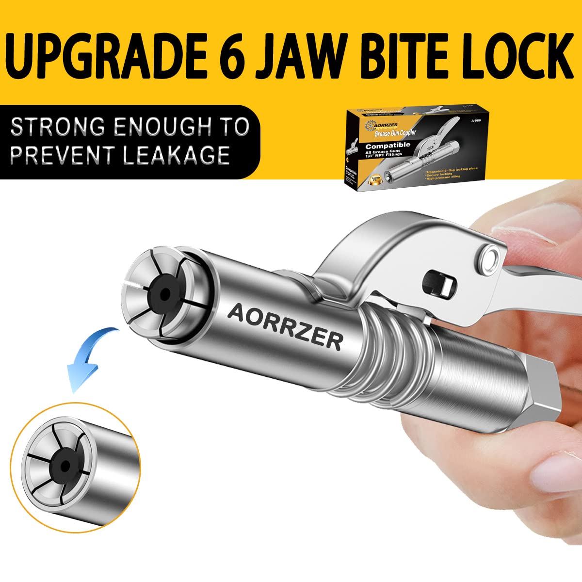 AORRZER Grease Gun Coupler 2 PCS, Strong Lock-on Greases Gun Couplers, 12000 PSI High Pressure Coupler Quick Release Grease, Durable and Compatible with All Grease Guns 1/8" NPT Grease Gun Fittings AORRZER
