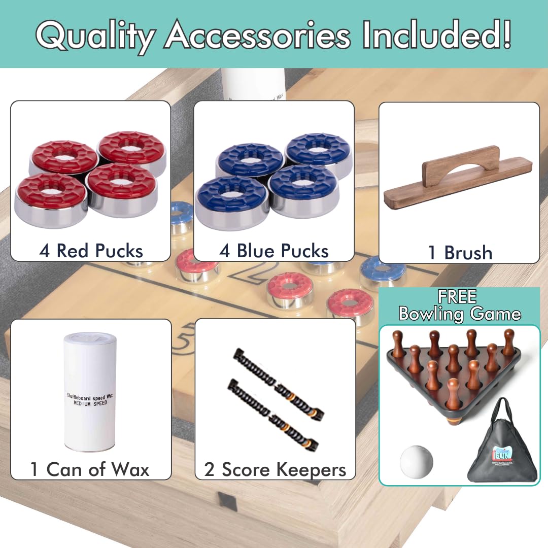 Freetime Fun 12 FT Shuffleboard Table Multi Game Solid Wood Game Tables for Game Room - Shuffle board Bowling Pin Set, Pucks, Wax and Brush - Two 6 FT Pieces Freetime Fun