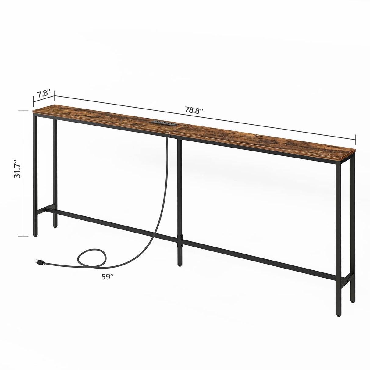 MAHANCRIS 78.7" Console Table with Power Outlet, Narrow Sofa Table, Industrial Entryway Table with USB Ports, Behind Couch Table for Entryway, Hallway, Foyer, Living Room, Rustic Brown CTHR20E01 MAHANCRIS