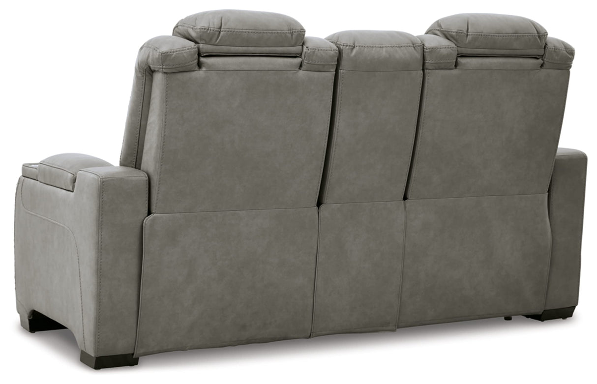 Signature Design by Ashley The Man-Den Leather Power Reclining Loveseat with Center Console, Adjustable Headrest & Wireless Charging, Gray Signature Design by Ashley