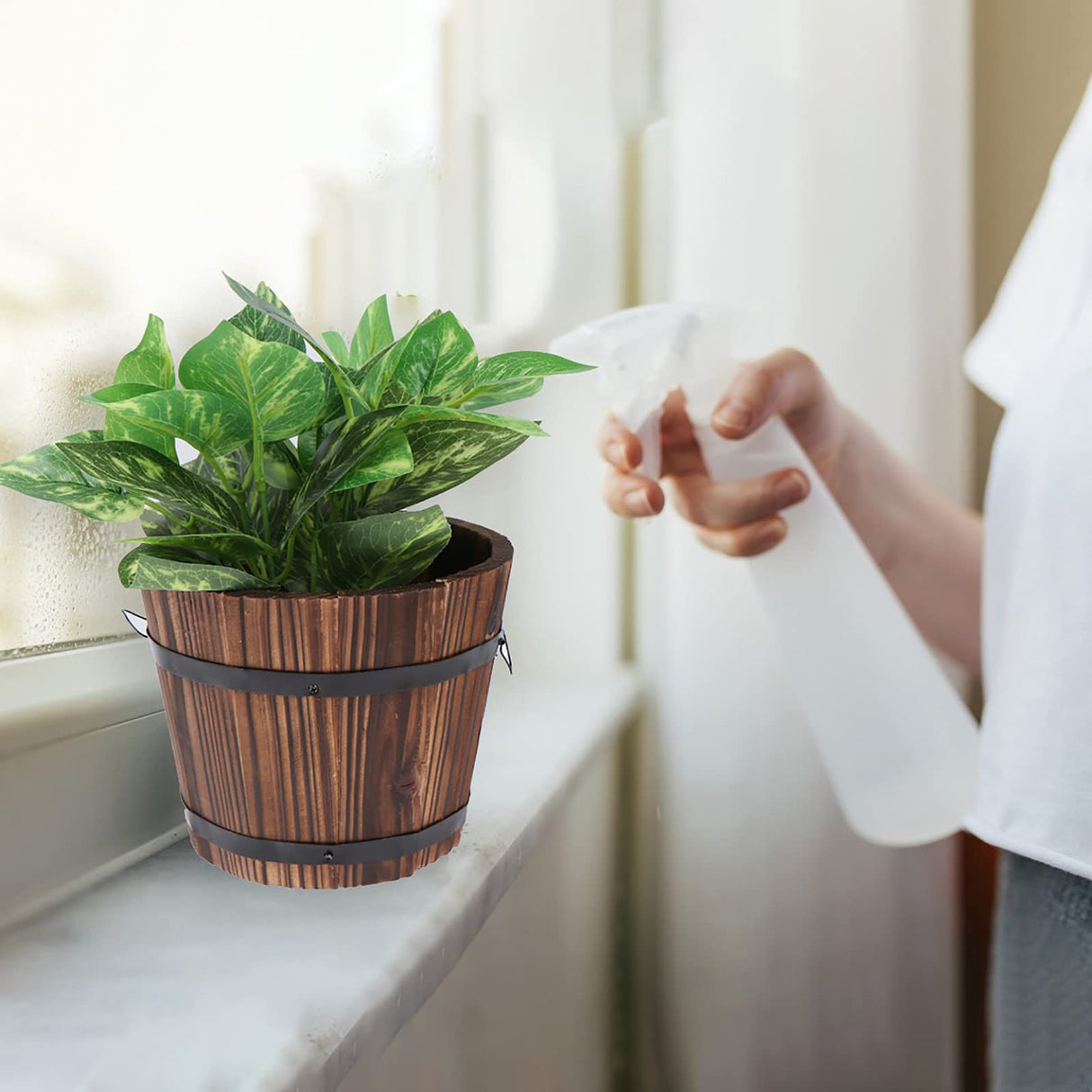 3 Pcs Rustic Wooden Barrels Planters Whiskey Barrels Bucket with Handle Flower Planter Plant Pots Boxes Container Water Wishing Well Pail Garden Backyard Primitive Planter Outdoor Indoor Home Decor WWahuayuan