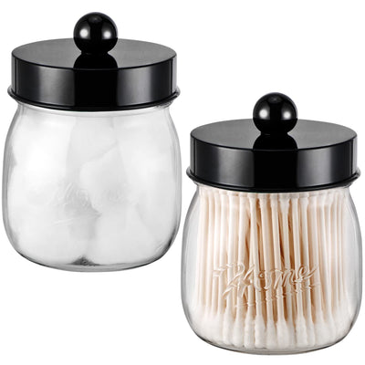 Farmhouse Decor Apothecary Jar Set,Mason Jar Bathroom Vanity Storage Organizer Canister - Qtip Holder Plastic Acrylic Jar for Cotton Swabs,Cotton Pads,Floss Picks,Paper Clips,Hair Clips(2 Pack,Black)