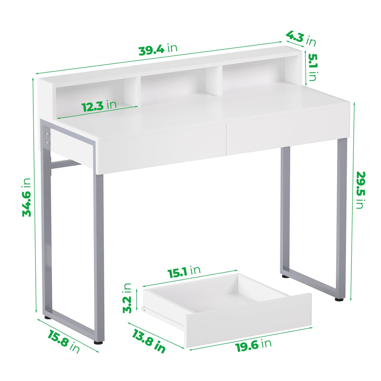 GreenForest Vanity Desk with 2 Drawers, White Makeup Desk with 3 Storage Spaces, 40 inch Small Desk with Silver Metal Legs, Modern Home Office Desk for Kids, Bedroom (No Mirror) GreenForest