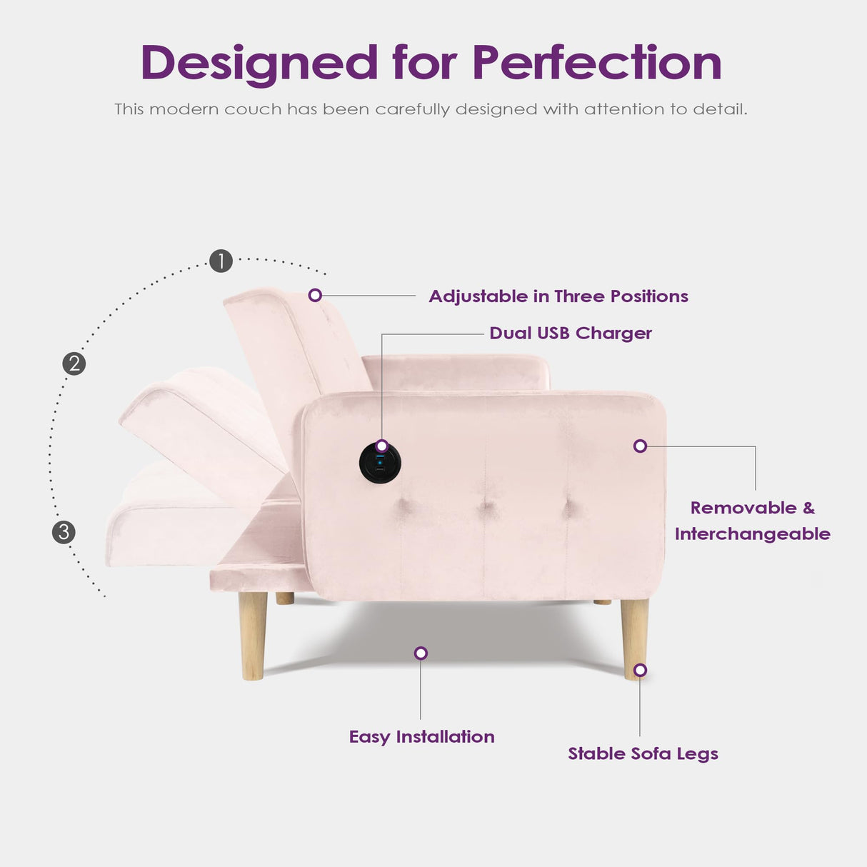 TYBOATLE 65" W Velvet Modern Convertible Folding Futon Couch Sofa Bed w/ 2 USB Charging Ports and arms, Loveseat for Compact Living Space, Dorm, Game Studio, Bonus Room, Apartment, Bedroom (Pink) TYBOATLE