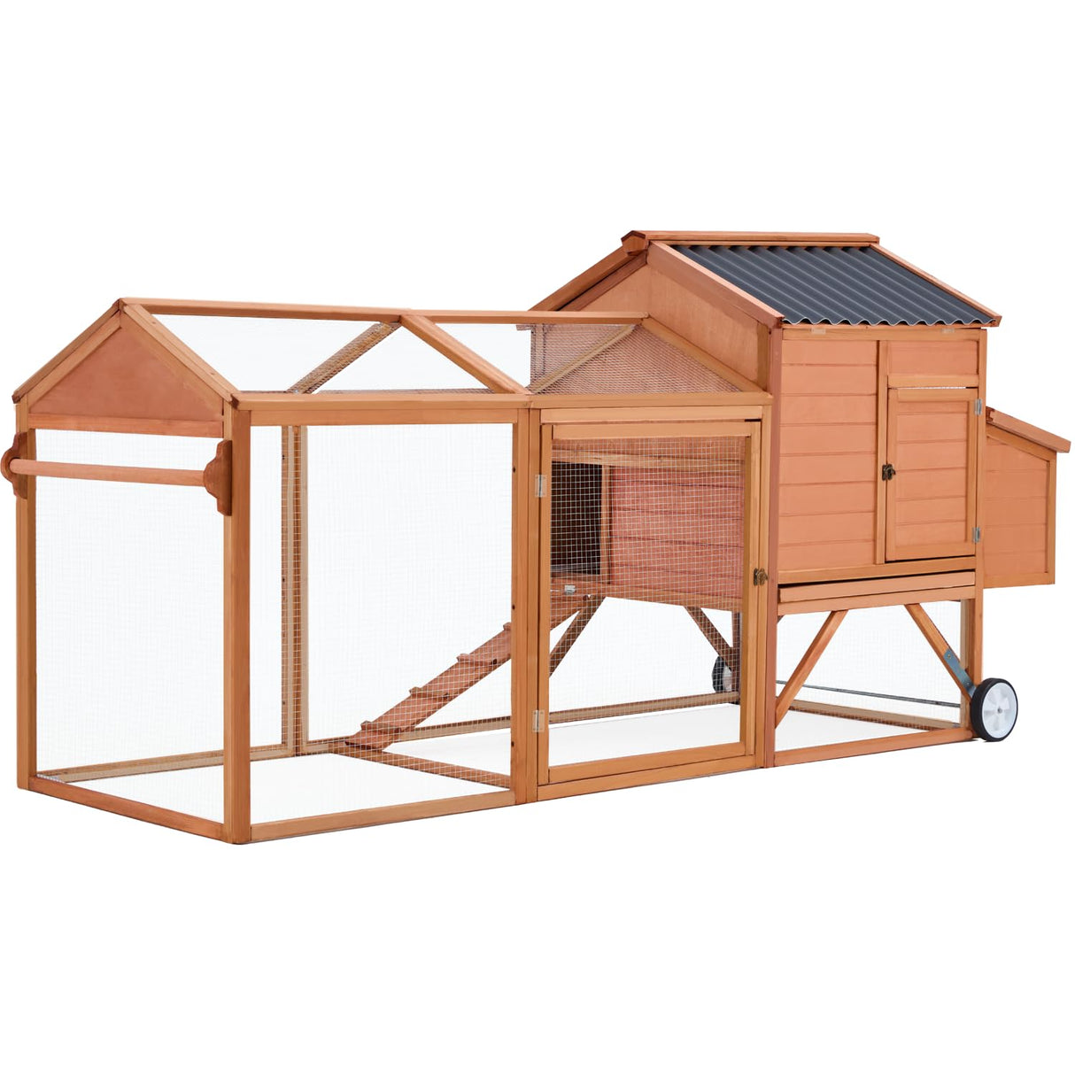 U-MAX 95“ Chicken Coop with Wheels, Wooden Chicken Tractor Hen House with Run, Nesting Boxes, Ramps, Removable Tray, Natural Wood U-MAX