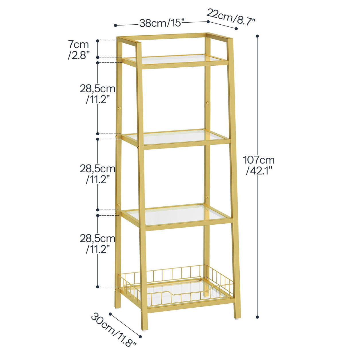 HOOBRO Gold Glass Shelf Stand, 4 Tier Standing Shelf Unit, Bathroom Organizer and Storage, Floor Storage Shelves Waterproof, for Bathroom, Laundry, Toilet, Tempered Glass, Gold GD79CJ01