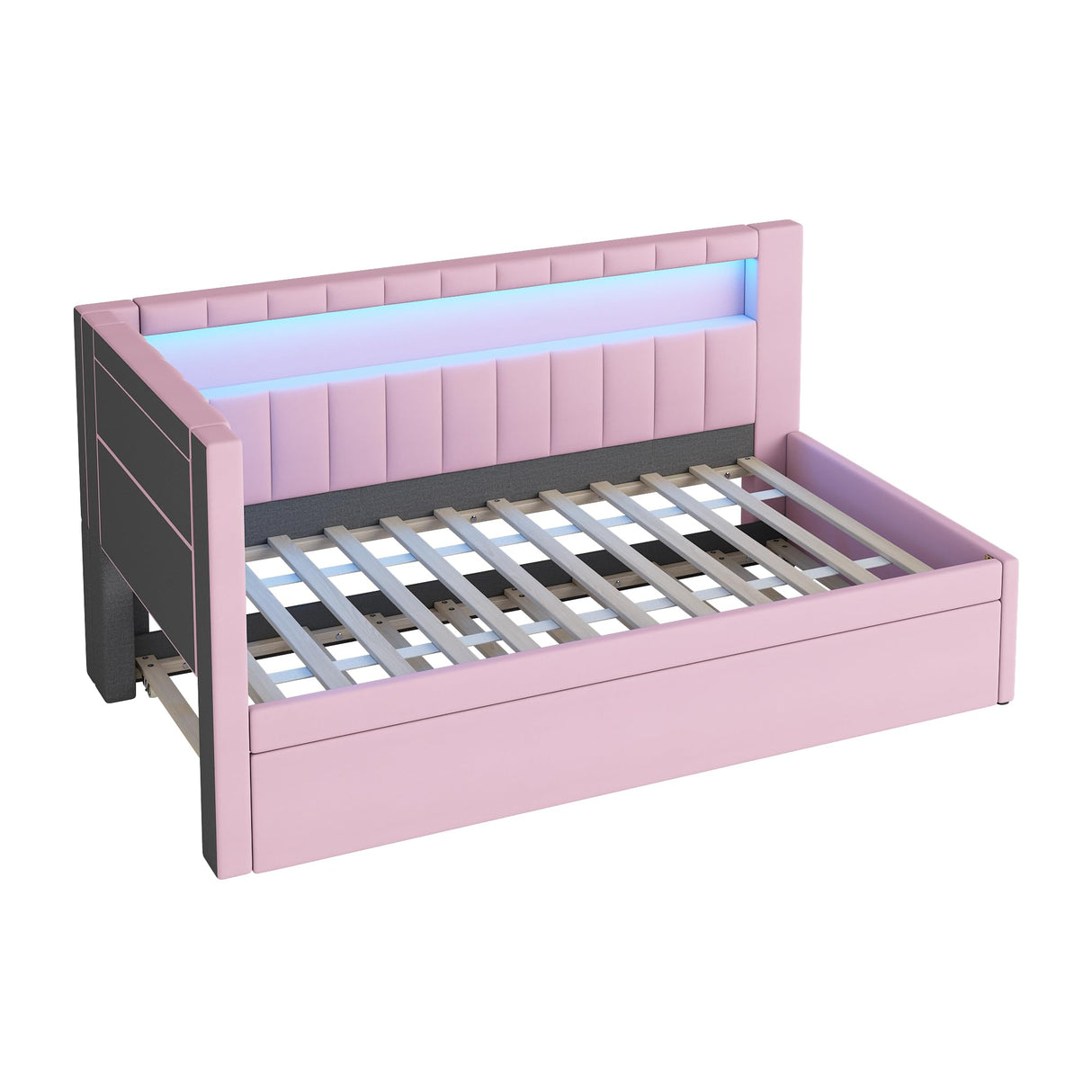KALALLA Upholstered Twin Size Daybed with Trundle, Day Bed Frame with Storage L-Shaped Headboard USB Ports and LED Belt, No Box Spring Needed for Kids, Girls, Adults - Pink KALALLA