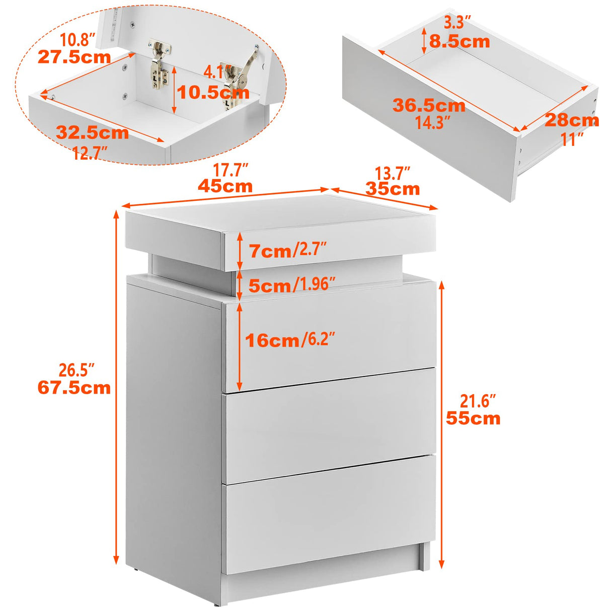 CLIPOP Modern Nightstand Set of 2, LED Night Stand with 3 High Gloss Chest of Drawers, Bedside Table Cabinet with Remote Control Lights, Wood Matte Nightstand 21.6" Tall Bedroom Furniture, White CLIPOP