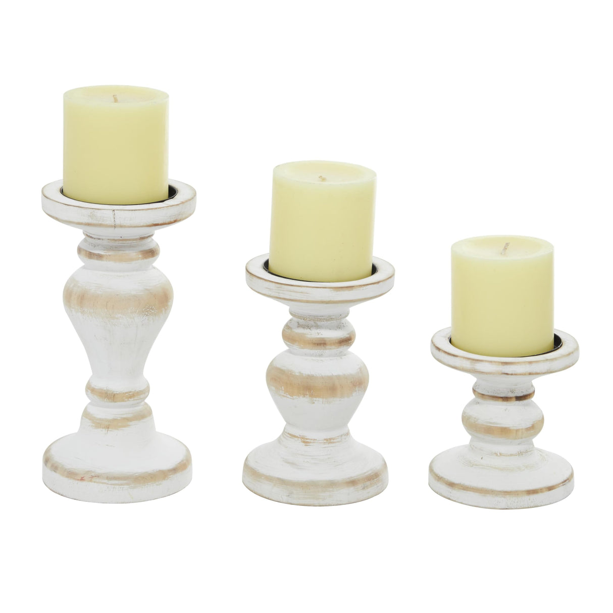 Deco 79 Wood Decorative Candle Holder Turned Style Candle Stand, Set of 3 Candlestick Holder 8", 6", 4"H, White Deco 79