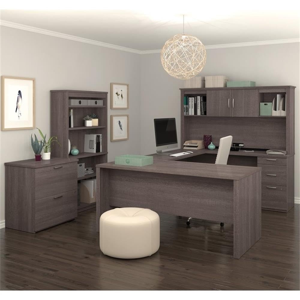 Pemberly Row Modern U-Shaped Engineered Wood Desk with Hutch File and Bookcase, Fully Reversible Unit, Assembly Required, for Home Office, in Bark Gray Finish Pemberly Row